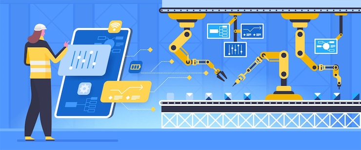 Vector conveyor configurations flat vector illustration. futuristic factory worker cartoon character. 