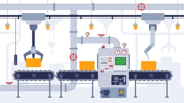 Vector conveyor. industrial conveyor belt, manufacturing equipment, product transportation process, efficient automation production vector concept. automatic production line with boxes with automatic machine