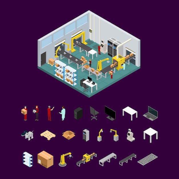 conveyor line factory interior with parts isometric view vector