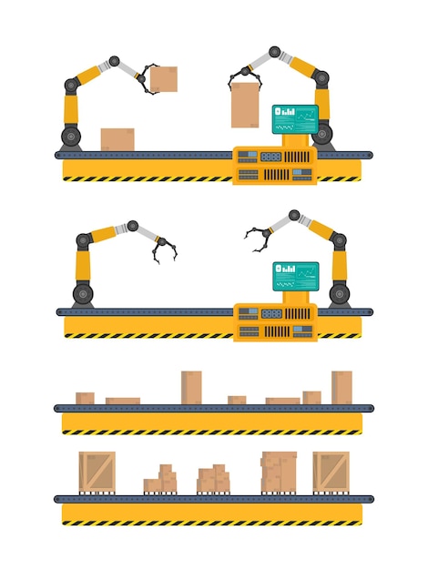 Linea di trasporto con scatole. sistema di trasporto in design piatto. illustrazione vettoriale