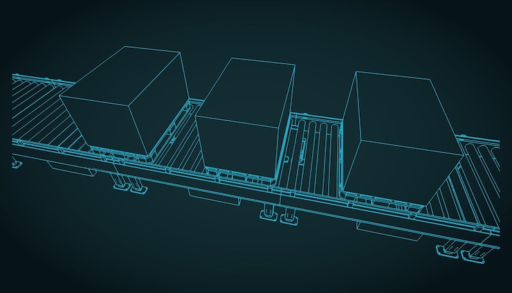 Vector conveyor line with boxes on pallets closeup sketch