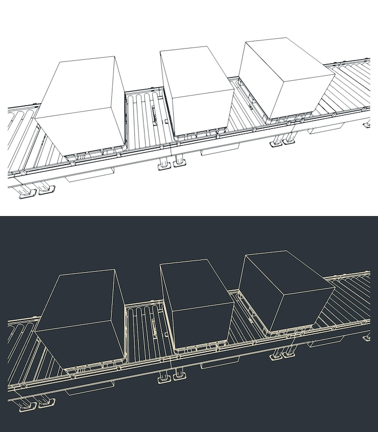 Vector conveyor line with boxes on pallets sketches