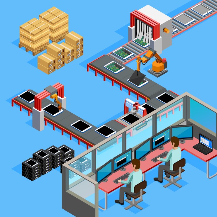 Vector conveyor manufacturing line operators isometric 