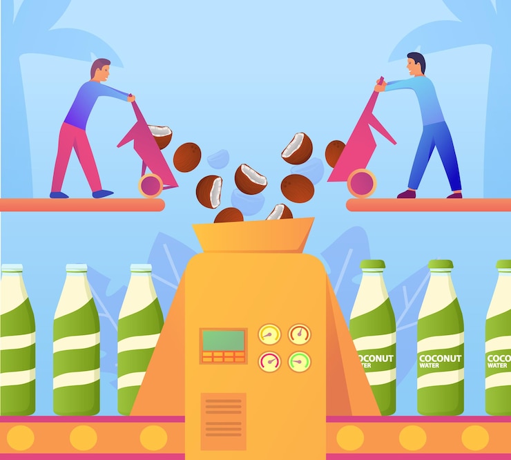 Vector conveyor producing coconut milk. plant for the packaging of vegetable milk.