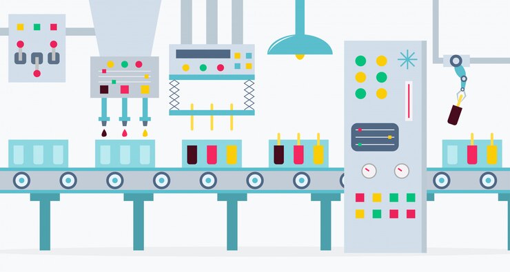 Vector the conveyor for the production of ice creams with chocolate, strawberry and lemon. the factory of ice creams.