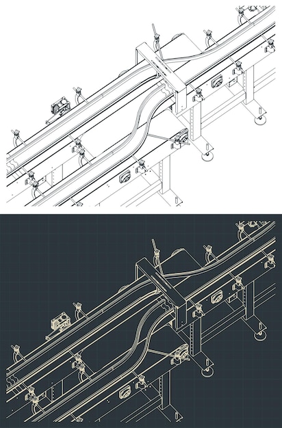 conveyor production line closeup isometric blueprints