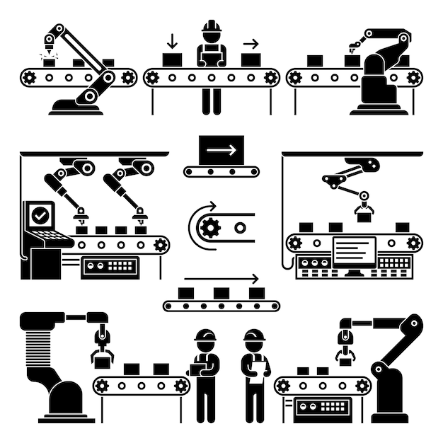 コンベヤー製造ラインと労働者アイコン。ブラックシルエットのプロセス自動化