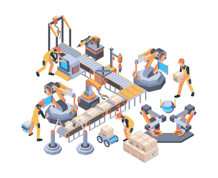 Vector conveyors belt. machinery packaging moving wheel industry line vector factory isometric. conveyor belt, machinery production gear illustration