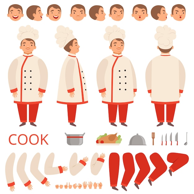 Cook animatie. chef-kok karakters lichaamsdelen handen armen hoofd en kleren met keukengereedschap kit creatie.