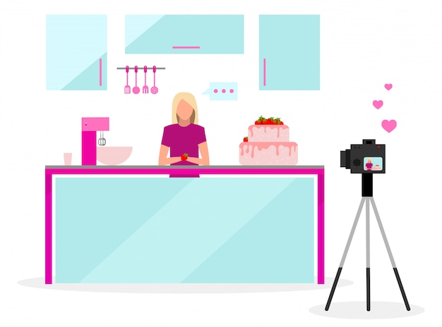 Cook blogger platte vectorillustratie. filmmaker, vlogger, influencer streaming video. zoetwaren, bakkerij video tutorial. social media vlog-inhoud.