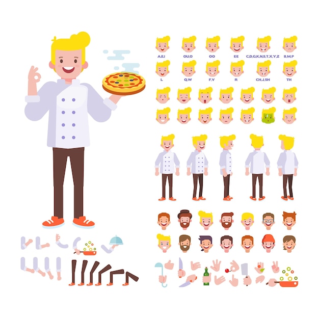 Cook chef Man front side back view flat vector character for animation