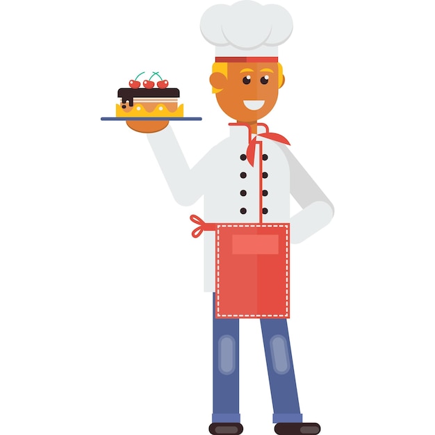 Cook chef with cake vector baker in hat and apron icon pastry worker character wearing uniform holding delicious dessert isolated on white background bakery and confectionery culinary