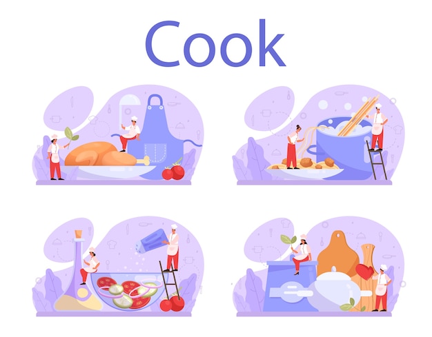 Cook or culinary specialist set illustration in cartoon style