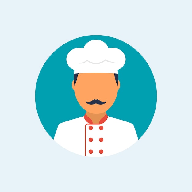 Cook flat icon Chef avatar Vector illustration cartoon style design Mustachioed chef in cap and uniform Professional on kitchen