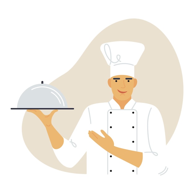 Vector cook holds the dish flat drawing