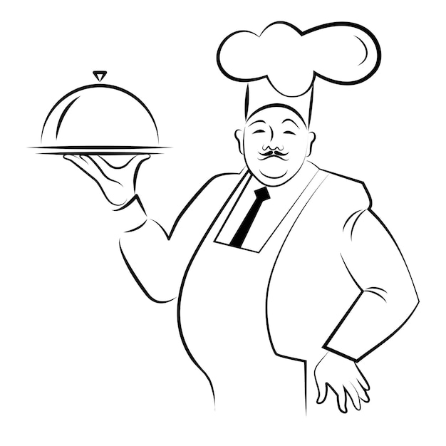 Vector cook holds the dish flat drawing