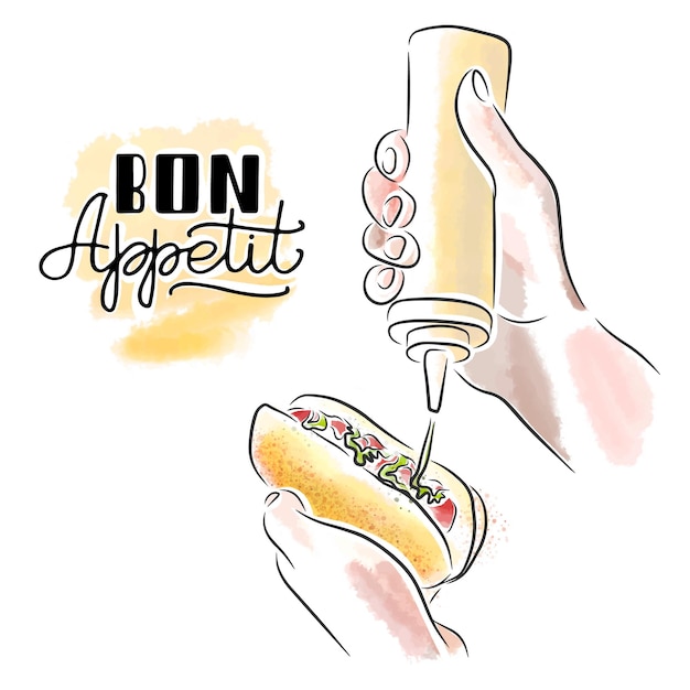 Cook hot dog with mustard lettering male hands street food