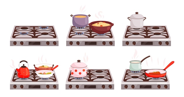 Вектор Повар на плите кастрюли сковороде над горящим огнем процесс приготовления изолированных мультяшных кухонных векторных элементов