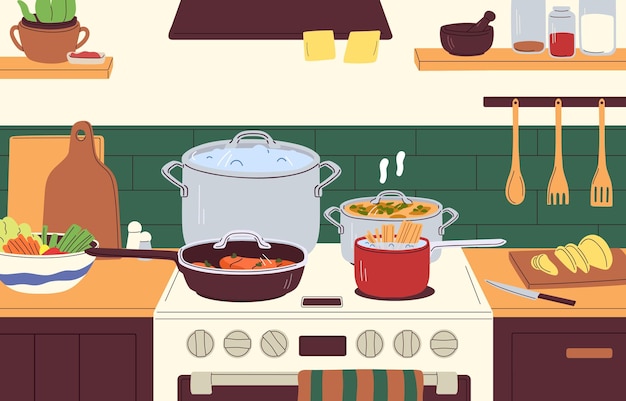 벡터 가정 주방 인테리어에서 스토브에 접시를 가진  ⁇ 비와  ⁇ 비. 요리,  ⁇ 김, 요리 음식, 수프, 스테이크 및 파스타를  ⁇ 비, 캐서롤 및  ⁇ 비에서 요리합니다. 컬러 플래트  ⁇ 터 일러스트레이션