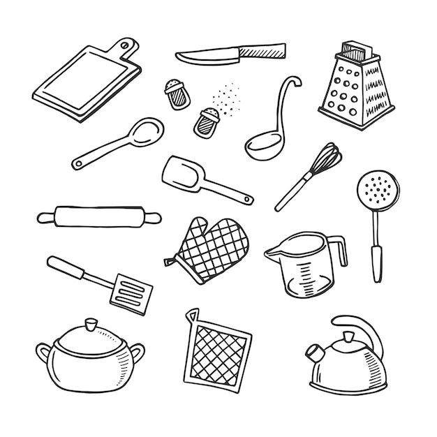 cook tools hand-drawn white and black vector icons set