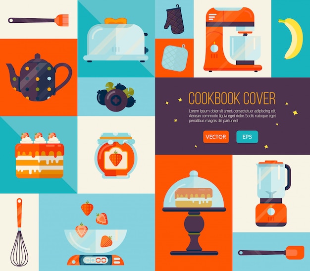 Vector cookbook cover in bright colors.