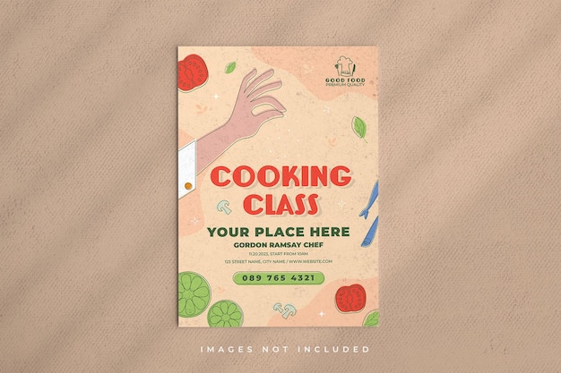 Vector a cookbook that says cooking class your place here.