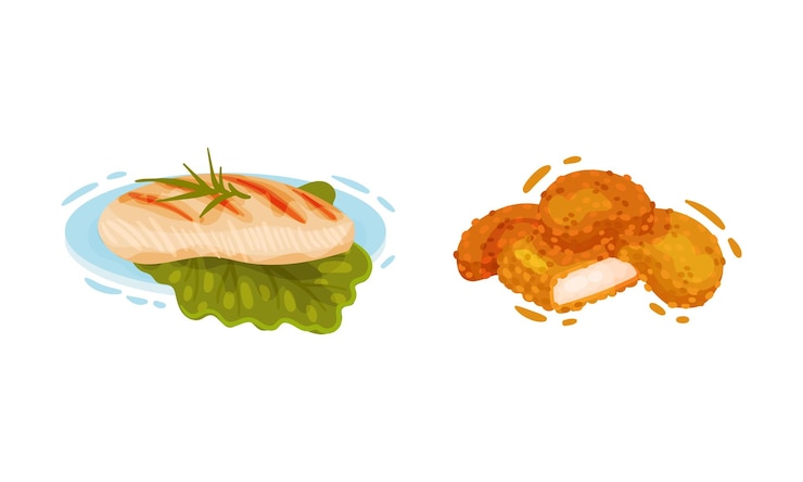 Vector cooked chicken dish with fried nuggets and fillet on green lettuce leaf vector set