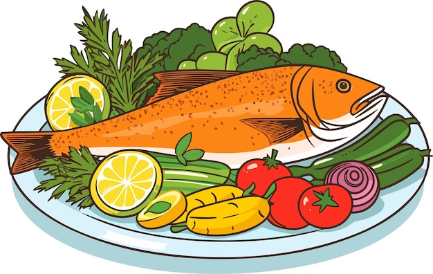 Vector cooked fish with lemon and and vegetables on a plate vector illustration