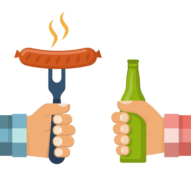 Salsiccia fritta calda cucinata sulla forcella e bottiglia di birra in mano dell'uomo. biglietto d'invito sul barbecue. manifesto della festa barbecue. isolato su sfondo bianco. design piatto illustrazione vettoriale. modello per picnic alla griglia.