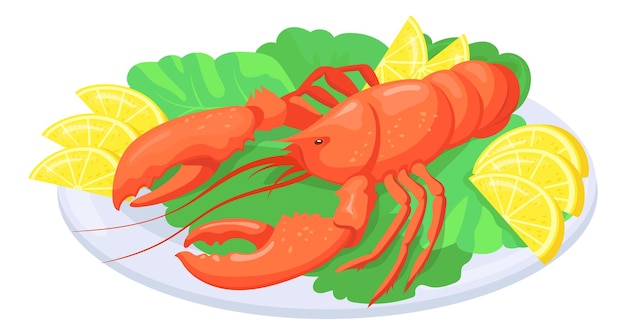 Vector cooked lobster on plate cartoon seafood dish