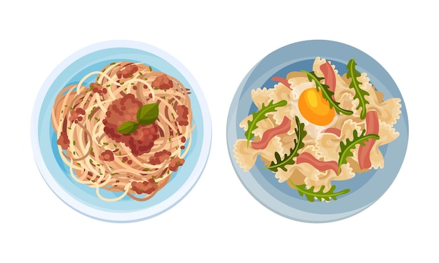 パスタのトップビューベーコン卵豆がプレートで提供されるベクトルイラスト