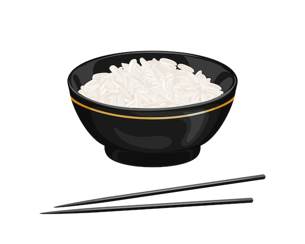 Vector cooked white rice in black bowl and chopsticks