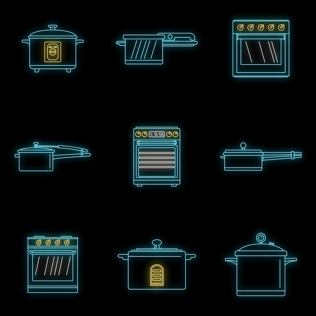 Cooker oven stove pan burner icons set Outline illustratie van 9 cooker oven stovepan burner vector icons neon kleur op zwart