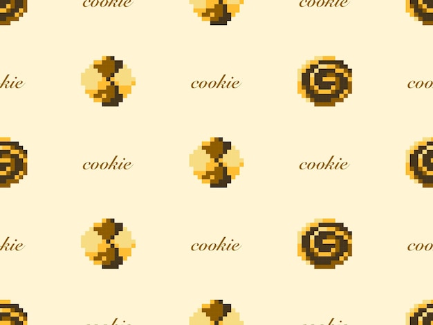 Cookie cartoon character seamless pattern on yellow background Pixel style