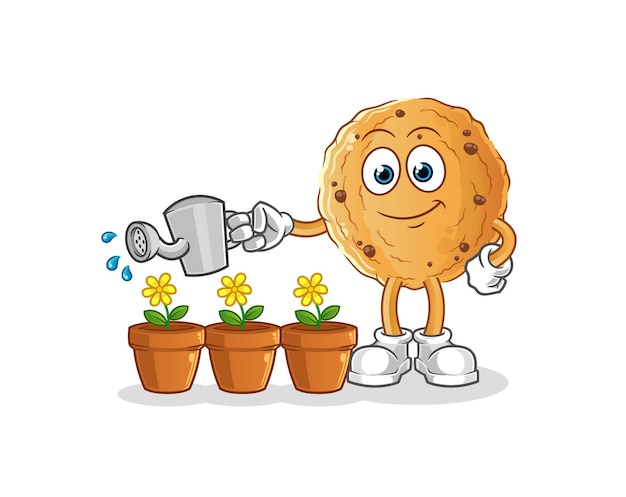 Cookie die de bloemenmascotte water geeft. cartoon vector