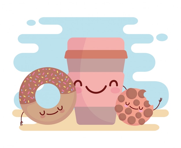 쿠키 도넛과 커피 컵 메뉴 캐릭터 만화 음식 귀여운