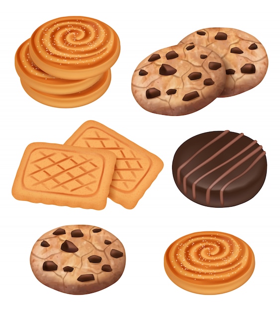 Vector cookies. biscuits with chocolate and cream pieces snacks cooked sweets realistic template
