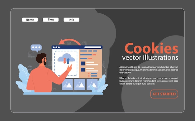 Vector cookies concept a focused man interacts with a website managing the data exchange symbolized by