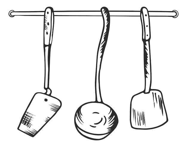 壁に掛かっている調理器具スケッチキッチンツール