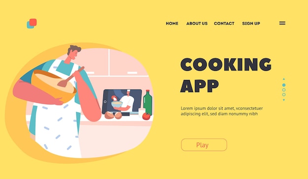 Vector cooking app landing page template male character watch tutorial at video blog man mixing dough in bowl listen blogger