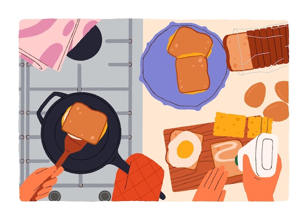 Cooking breakfast, top view. Couple hands cooks morning toasts, bread with fried eggs together. Making sandwiches, preparing food, dish process at kitchen table worktop. Flat vector illustration