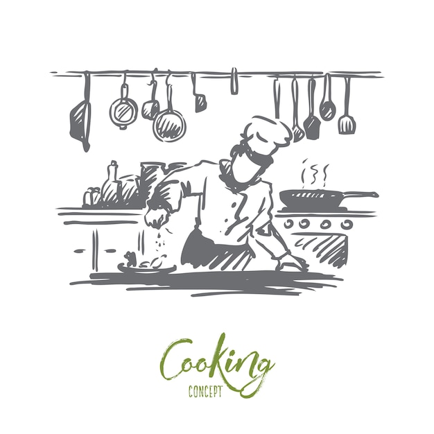 Vector cooking, chef, food, meal concept. hand drawn chef preparing dish in restaurant concept sketch.