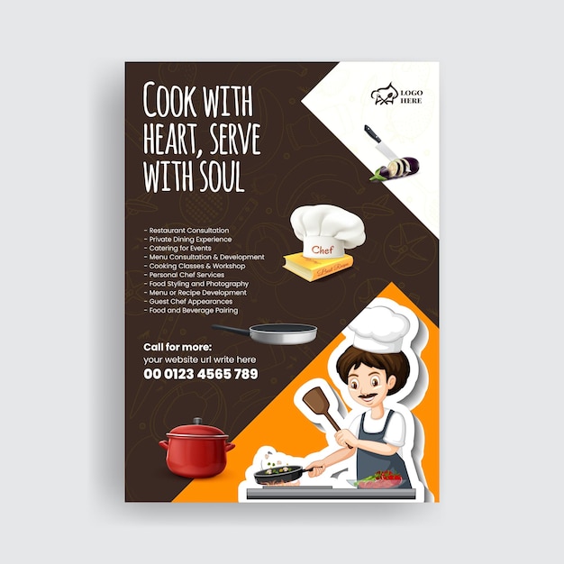 Vector cooking class chef training center flyer or poster template with chef character illustration