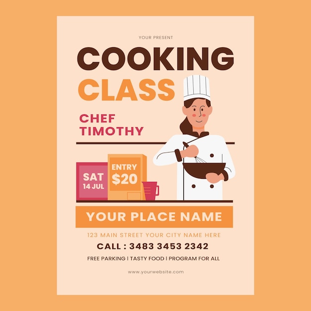 Volantino di lezione di cucina con chef disegnato a mano