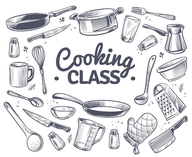 Cooking class sketch kitchen tool kitchenware soup pan knife and fork