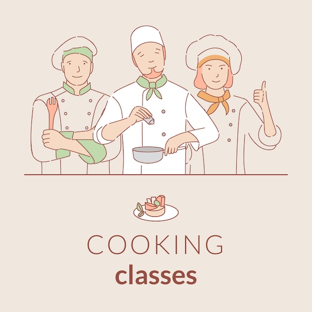 Modello dell'insegna delle classi di cottura con lo spazio del testo. poster di contorno del fumetto di corsi di cucina.