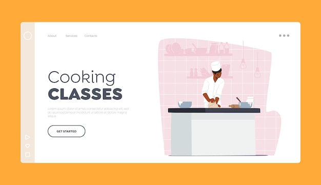 Cooking classes landing page template concentrated man chef in white uniform and toque cook bakery kneading dough