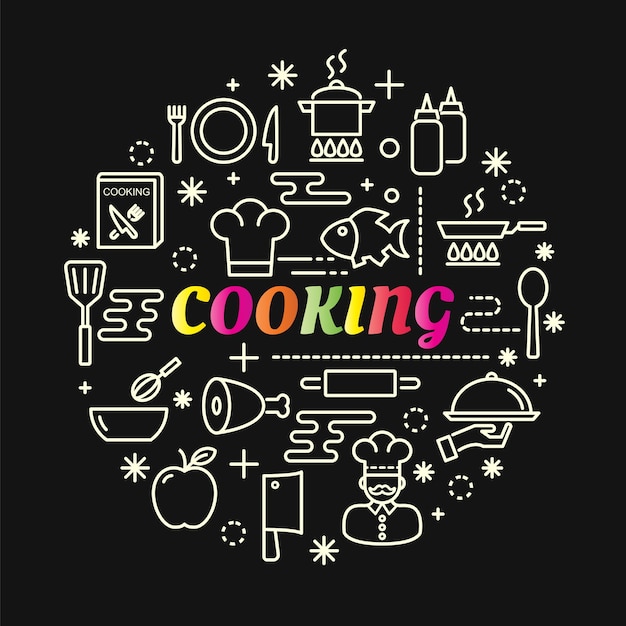 cooking colorful gradient with line icons set