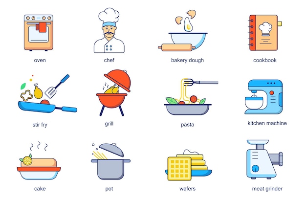 Cooking concept line icons set Pack outline pictograms of oven chef bakery dough cookbook stir fry