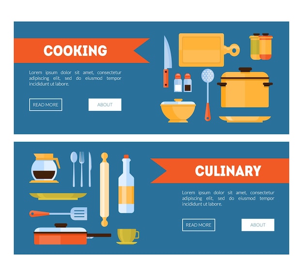 Set di banner orizzontali per la cucina e la cucina con utensili da cucina per la cottura o la preparazione del cibo vector illustration web design